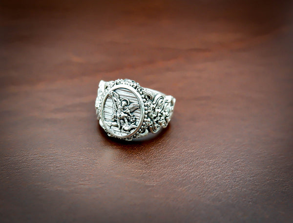 St. Michael The Great Protector Archangel Defeating Satan Ring 925 Sterling Silver