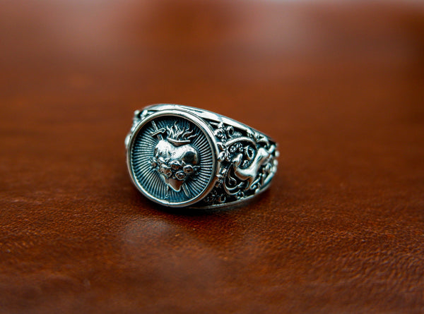 Sacred Heart Ring with Flower Sword for Men Woman Anniversary Jewelry 925 Sterling Silver Size 6-15