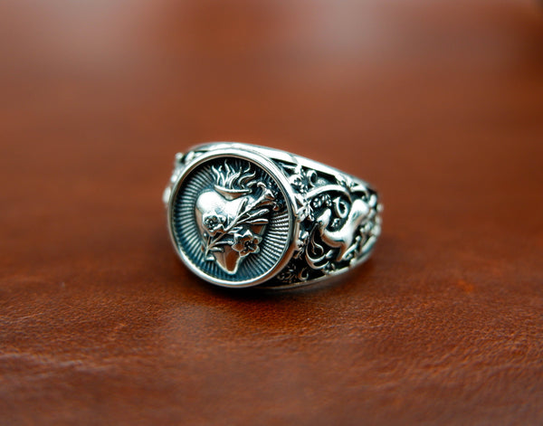 Sacred Heart Ring with Flower for Men Woman Anniversary Jewelry 925 Sterling Silver Size 6-15