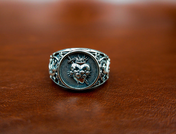 Sacred Heart Ring with Flower Sword for Men Woman Anniversary Jewelry 925 Sterling Silver Size 6-15