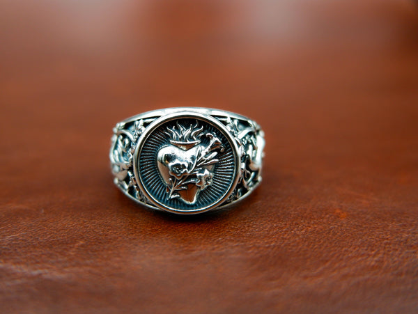 Sacred Heart Ring with Flower for Men Woman Anniversary Jewelry 925 Sterling Silver Size 6-15