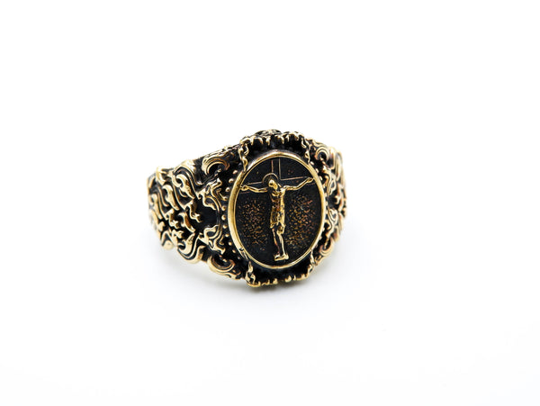Jesus on the Cross Ring Catholic Protection Christian Brass Jewelry Size 6-15