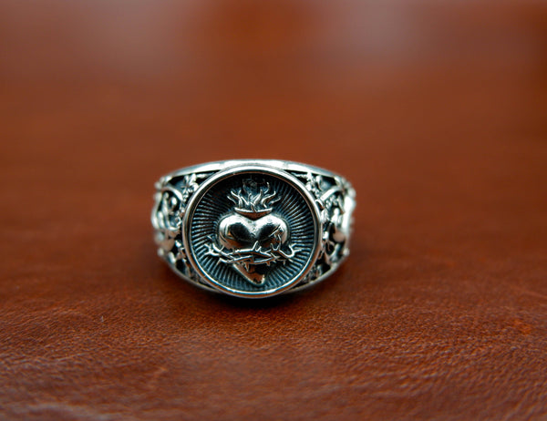 Sacred Heart Ring Biker Punk Jesus God Cross Amulet Christian Jewelry 925 Sterling Silver Size 6-15