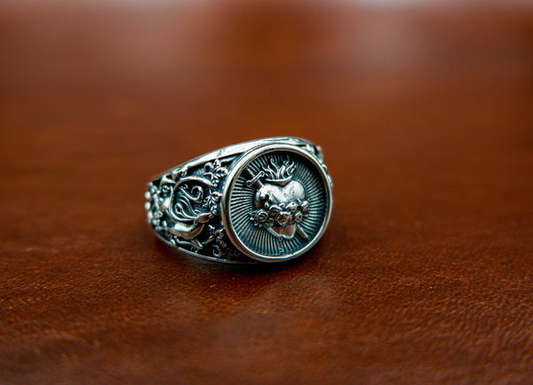 Sacred Heart Ring with Flower Sword for Men Woman Anniversary Jewelry 925 Sterling Silver Size 6-15