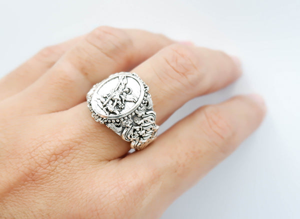 St. Michael The Great Protector Archangel Defeating Satan Ring 925 Sterling Silver