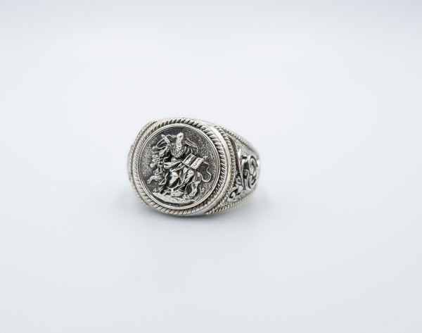 Saint Mark Lion Signet Ring Cross Protection Christian Jewelry 925 Sterling Silver R-530
