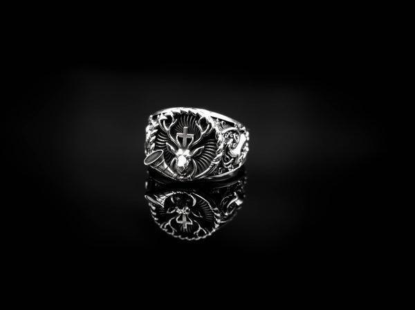 Deer with Cross Ring Christian St. Hubert Medal for Men Women Jewelry 925 Sterling Silver R-359
