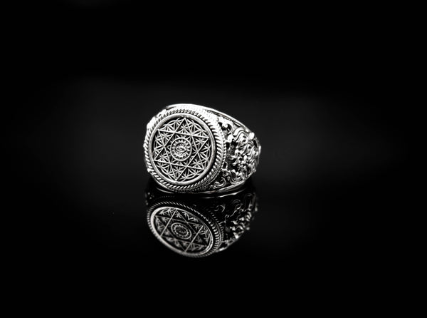Flower Of Life Ring Pentacle Christian Pentagram for Men Women 925 Sterling Silver R-354