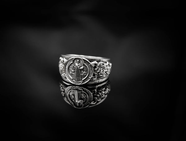 Saint Benedict Band Ring Exorcism Christian Jewelry 925 Sterling Silver Size 6-15 R-502