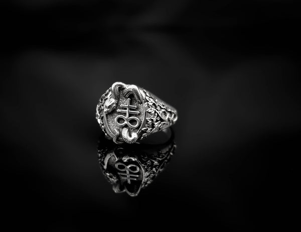 Satanic Cross with Snake Ring Seal of Satan Jewelry 925 Sterling Silver Size 6-15 R-514