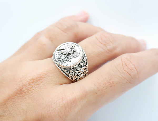 Angel Saint Michael Ring for Men Punk Christian Jewelry 925 Sterling Silver Size 6-15