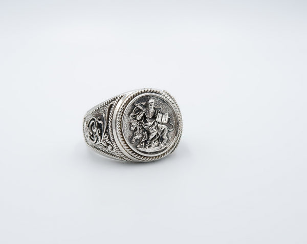 Saint Mark Lion Signet Ring Cross Protection Christian Jewelry 925 Sterling Silver R-530