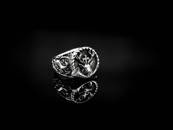 Deer with Cross Ring Christian St. Hubert Medal for Men Women Jewelry 925 Sterling Silver R-359