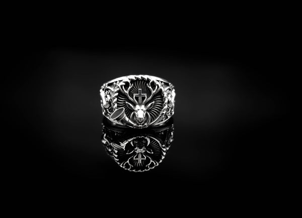 Deer with Cross Ring Christian St. Hubert Medal for Men Women Jewelry 925 Sterling Silver R-359