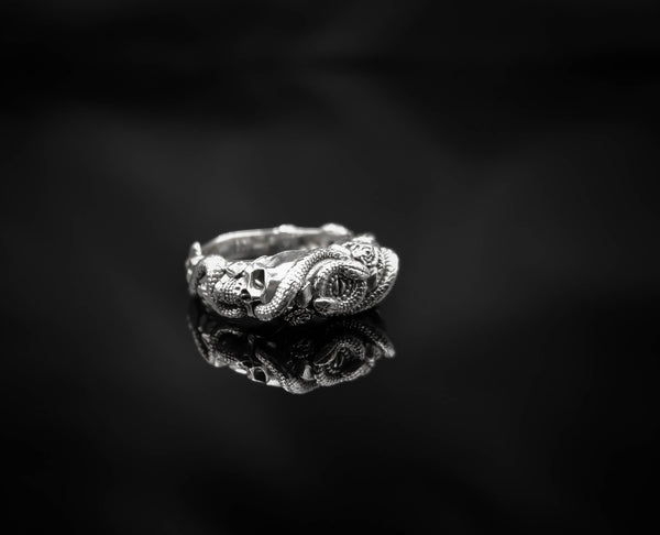 Snake with Skull Ring Gothic Men's Death Punk Jewelry 925 Sterling Silver Size 6-15 R-513