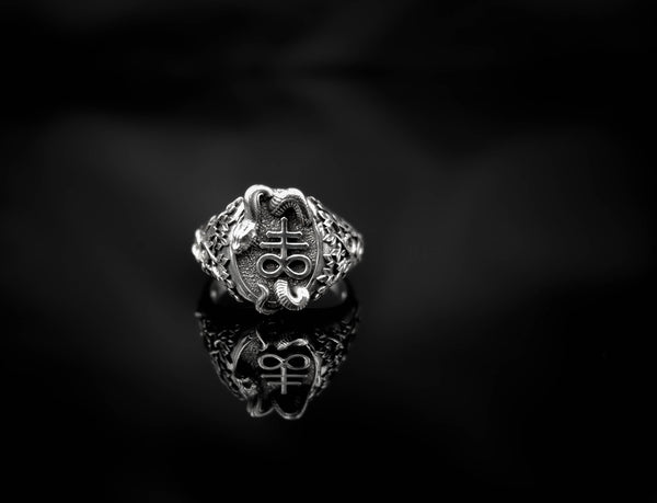 Satanic Cross with Snake Ring Seal of Satan Jewelry 925 Sterling Silver Size 6-15 R-514