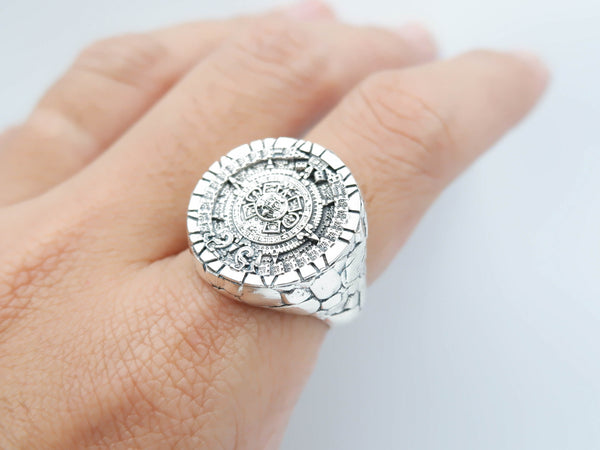 Aztec Mayan Calendar Ring for Men Sun Jewelry 925 Sterling Silver