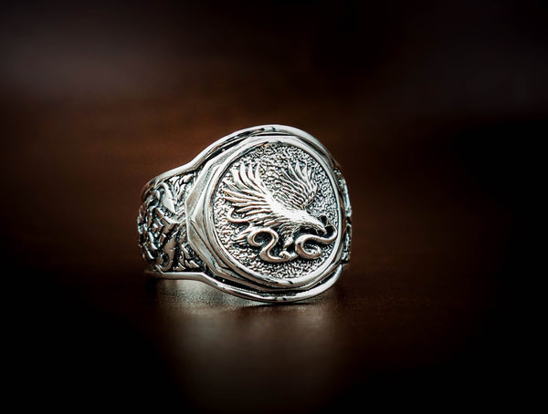 Men's Silver Eagle Fighting Snake Ring, Mens Eagle and Snake Ring Animal Silver Jewelry 925 Sterling Silver Size 6-15