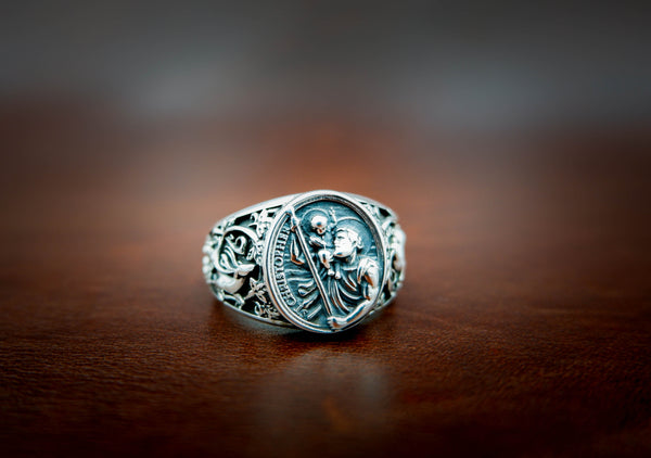 Catholic Signet St Saint Christopher Ring Mens Amulet Jewelry 925 Sterling Silver Size 6-15