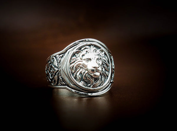 Men's Silver Lion Head Ring, Mens Lion Ring Animal Silver Jewelry 925 Sterling Silver Size 6-15