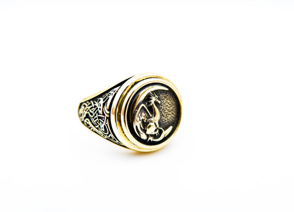 Dragon Ring for Men, Dragon on Moon Nordic Viking Brass Jewelry Size 6-15