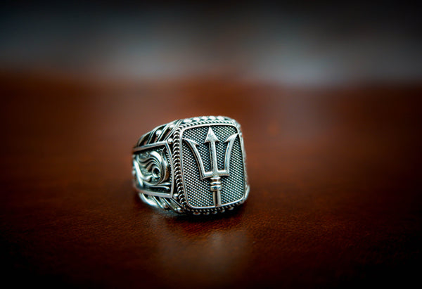 Poseidon Greek God of The Sea Trident Ring Ancient Amulet Jewelry 925 Sterling Silver Size 6-15