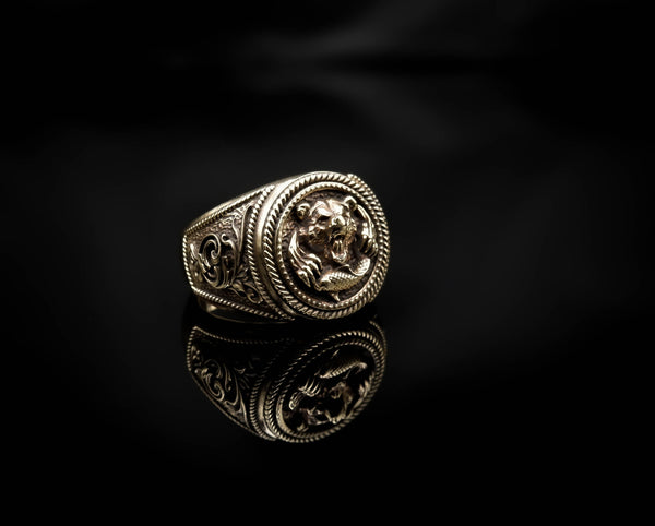 Bear and Fish Ring for Men Animal Brass Jewelry Size 6-15 Br-410