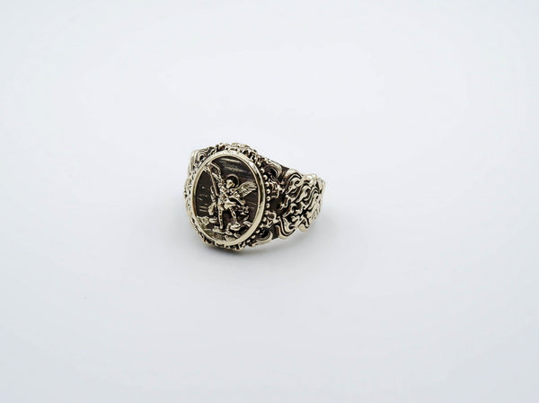 St. Michael The Great Protector Archangel Defeating Satan Amulet Ring Catholic Brass Jewelry Size 6-15