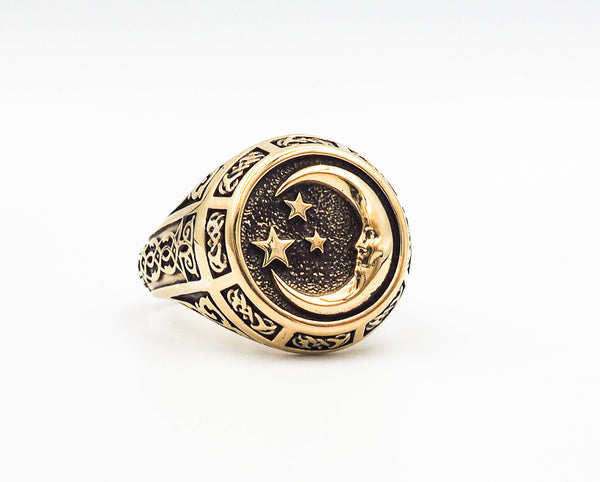Moon and Stars Ring Celtic Ornament Talisman Boho Men's Women Fashion Brass Jewelry Size 6-15 BR-121
