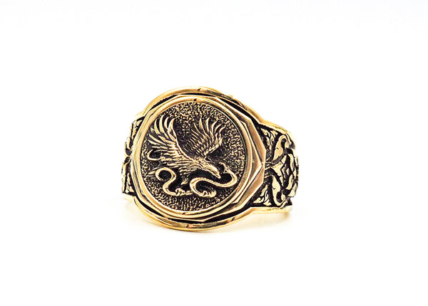 Men's Eagle Fighting Snake Ring, Mens Eagle and Snake Ring Animal Brass Jewelry Size 6-15