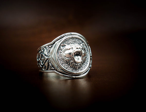 Men's Silver Bear Head Ring, Mens Bear Ring Animal Silver Jewelry 925 Sterling Silver Size 6-15