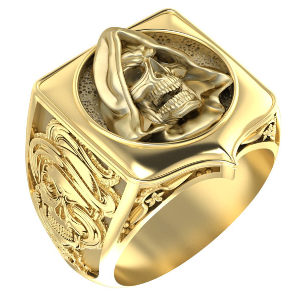 Hooded Skull Ring Gothic Men Death Santa Muerte for Men Women Brass Jewelry Size 6-15