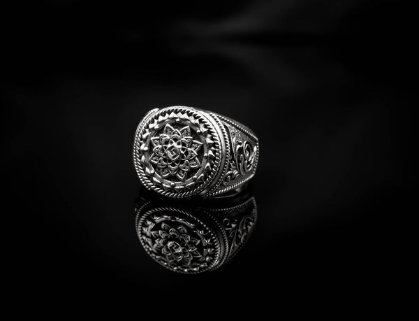 Mandala Ring for Men Flower of Life Jewelry 925 Sterling Silver R-414