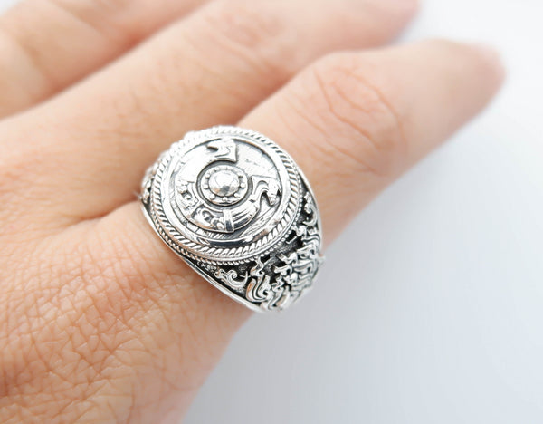 Viking Shield Ring Norse Shield with Viking Dragon Scandinavian Jewelry 925 Sterling Silver R-356
