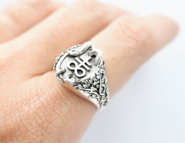 Satanic Cross with Snake Ring Seal of Satan Jewelry 925 Sterling Silver Size 6-15 R-514