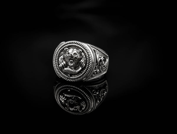 Bear and Fish Ring for Men Animal Jewelry 925 Sterling Silver R-410