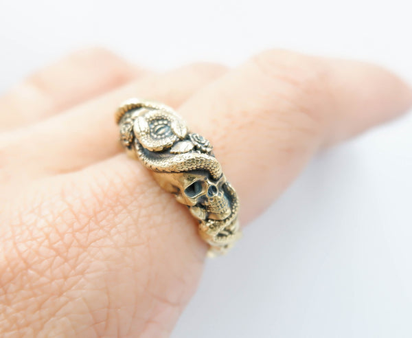 Snake with Skull Ring Gothic Men's Death Punk Brass Jewelry Size 6-15 Br-513