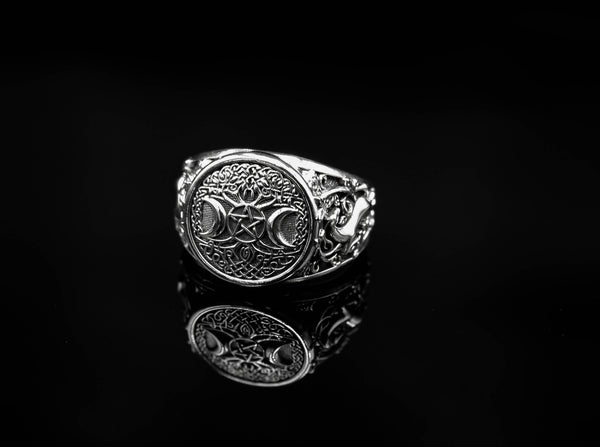 Triple Moon Pentacle Pentagram Ring with Tree of Life Wiccan Pagan Jewelry 925 Sterling Silver R-373