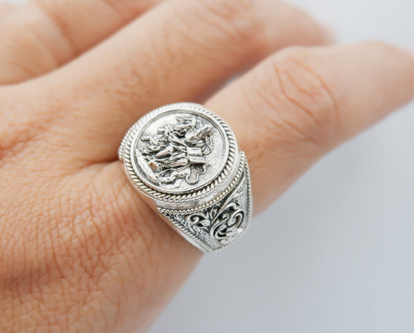 Saint Mark Lion Signet Ring Cross Protection Christian Jewelry 925 Sterling Silver R-530