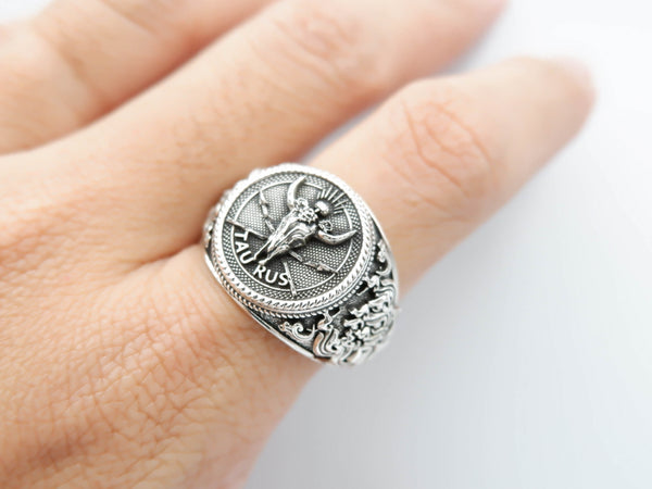 Taurus Zodiac Skull Ring Constellation Horoscope Gothic for Men Women Jewelry 925 Sterling Silver R-351