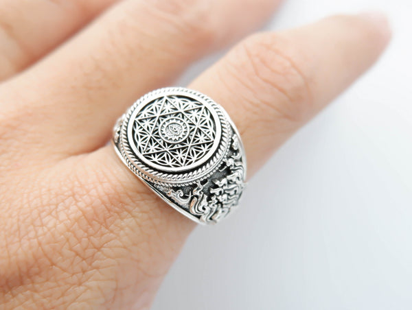Flower Of Life Ring Pentacle Christian Pentagram for Men Women 925 Sterling Silver R-354