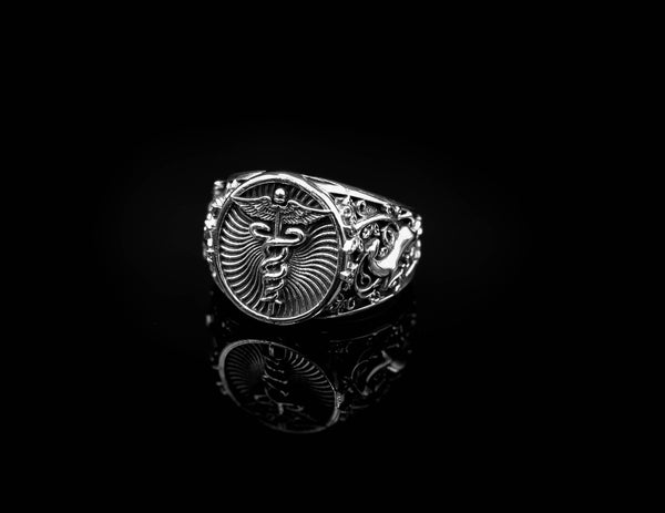 Caduceus Ring for Men Women Medical Emergency Alert Jewelry 925 Sterling Silver R-366