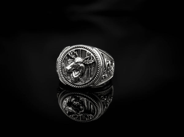 Deer Head Ring for Men Animal Jewelry 925 Sterling Silver R-412