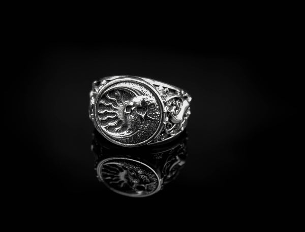 Skull in Crescent Moon and Sun Ring for Men Women Gothic Skull Biker Jewelry 925 Sterling Silver R-363