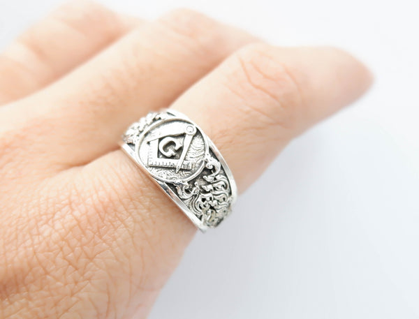 Freemason Symbol Masonic Band Rings Master Mason Biker Jewelry 925 Sterling Silver Size 6-15 R-504