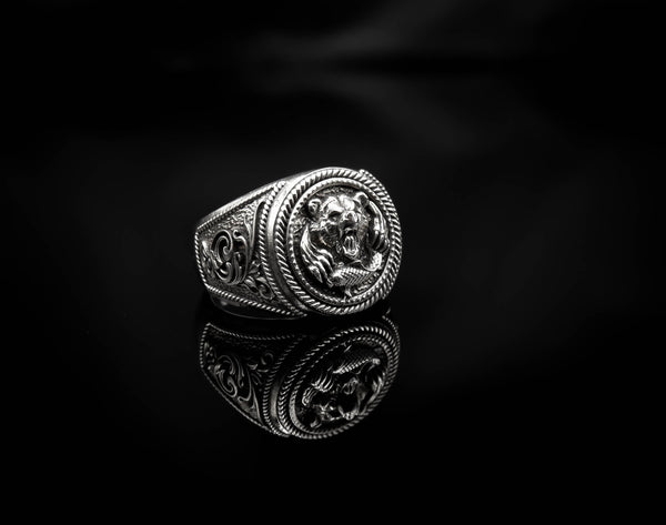 Bear and Fish Ring for Men Animal Jewelry 925 Sterling Silver R-410