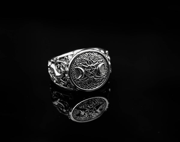 Triple Moon Pentacle Pentagram Ring with Tree of Life Wiccan Pagan Jewelry 925 Sterling Silver R-373