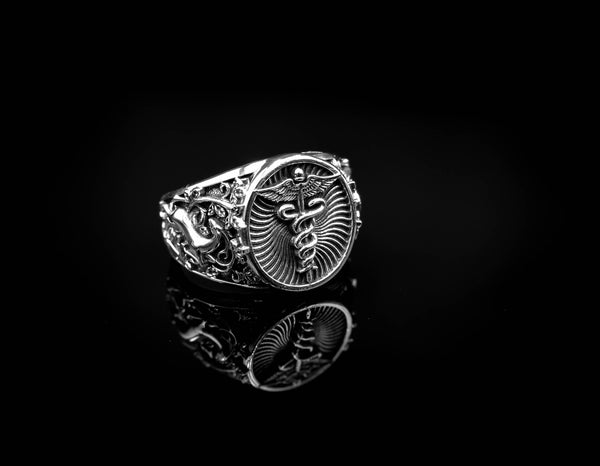 Caduceus Ring for Men Women Medical Emergency Alert Jewelry 925 Sterling Silver R-366