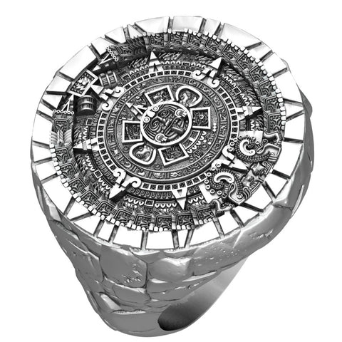 Aztec Mayan Calendar Ring for Men Sun Jewelry 925 Sterling Silver