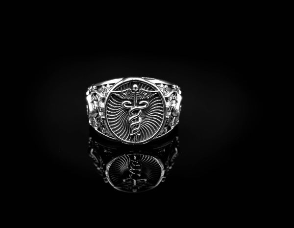 Caduceus Ring for Men Women Medical Emergency Alert Jewelry 925 Sterling Silver R-366